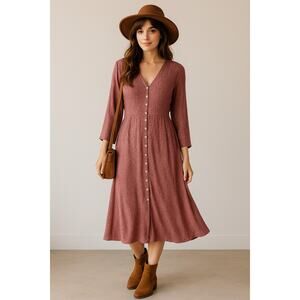 Vintage 90s Button Front Midi Dress Mauve Ditsy Floral Boho Feminine Size 11/12